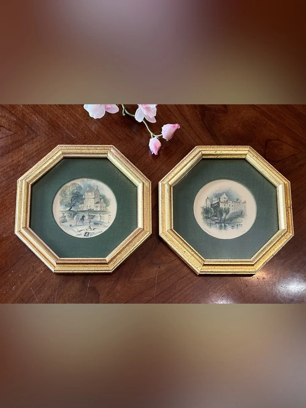 Vintage Rudolf Lesch Turner Views Framed Prints Pair Gold Gilt Octagon 8.25”x1